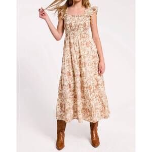 NEW ULTRAMARINE rainey smocked toile midi dress in brown toile